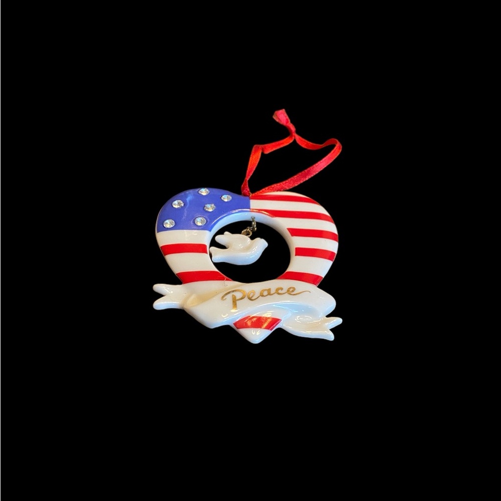 Avon 2004 Vintage Stars and Stripes Peace Ornament Porcelain Heart Patriotic